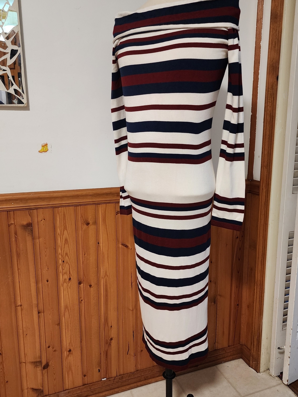 Striped Off-Shoulder Midi Dress in Cream, Navy & Burgundy